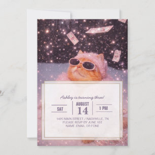 Glam Money Cat in Pink Fur Coat and Sunglasses Invitation