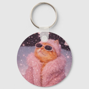 Glam Money Cat in Pink Fur Coat and Sunglasses Keychain