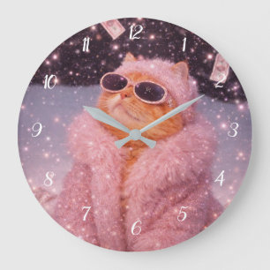 Glam Money Cat in Pink Fur Coat and Sunglasses Large Clock