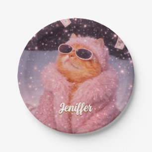 Glam Money Cat in Pink Fur Coat and Sunglasses Paper Plates