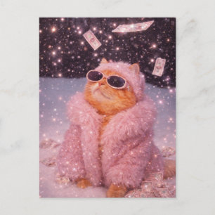 Glam Money Cat in Pink Fur Coat and Sunglasses Postcard