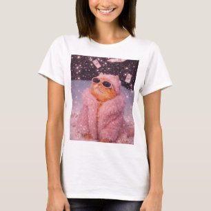 Glam Money Cat in Pink Fur Coat and Sunglasses T-Shirt