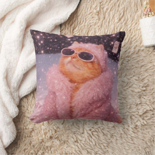 Glam Money Cat in Pink Fur Coat and Sunglasses Throw Pillow