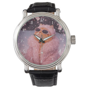 Glam Money Cat in Pink Fur Coat and Sunglasses Watch