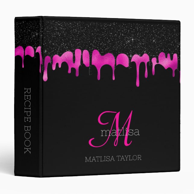 Glam Monogram Dripping Glitter Black Hot Pink  3 Ring Binder (Front/Spine)
