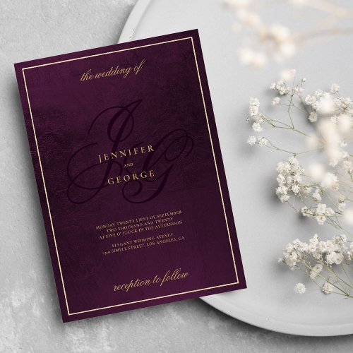 Glam monogram initials gold dark purple Wedding  Invitation