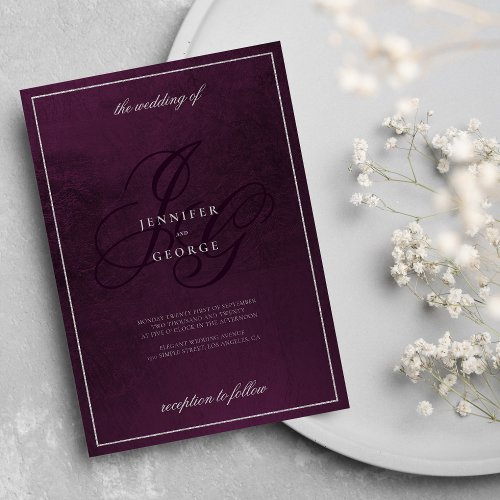 Glam monogram initials silver dark purple Wedding Invitation