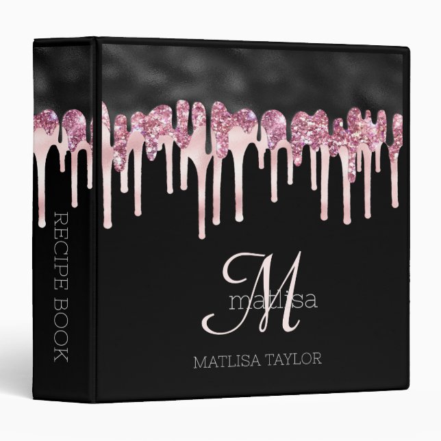 Glam Monogram Name Dripping Glitter Black Pink  3 Ring Binder (Front/Spine)