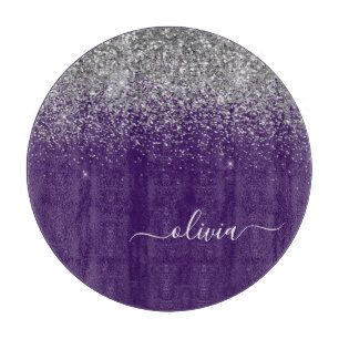 Glam Monogram Purple Silver Glitter Cutting Board