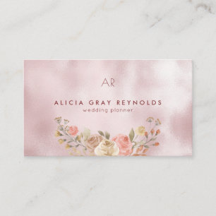 Glam Monogram Rose Gold Floral Wedding Planner Business Card