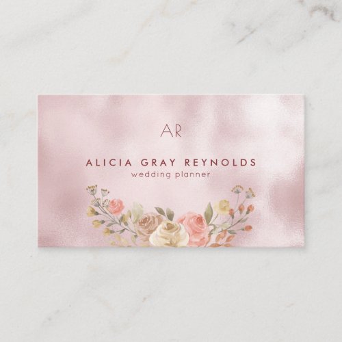 Glam Monogram Rose Gold Floral Wedding Planner Business Card