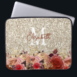 Glam Monogram Rose Gold Flowers Light Gold Glitter Laptop Sleeve<br><div class="desc">This laptop sleeve offers a glam monogram design featuring elegant rose gold and peach colored flowers on a faux champagne colored glitter background. Personalize with your monogram and name.</div>
