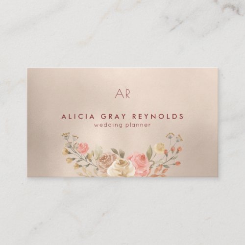Glam Monogram Watercolor Floral Wedding Planner Business Card