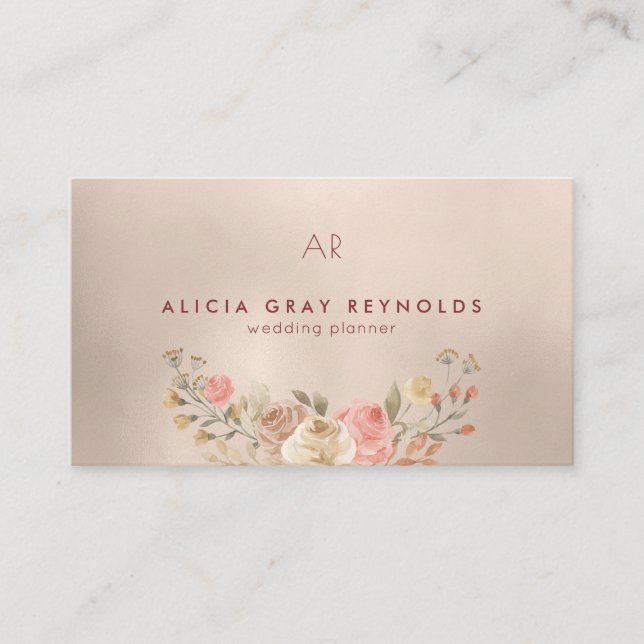 Glam Monogram Watercolor Floral Wedding Planner Business Card (Front)