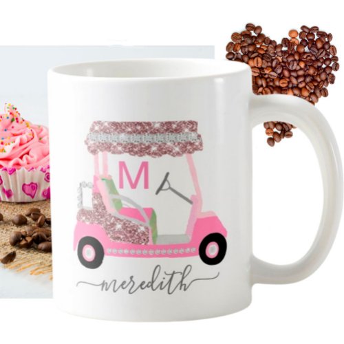 Glam Name Monogram Rose Gold Golf Cart   Coffee Mug