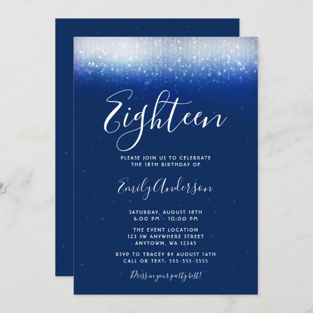 Glam Navy Blue 18th Birthday Invitation (Front/Back)