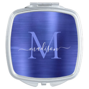 Glam Navy Blue Brushed Metal Monogram Girly Script Compact Mirror