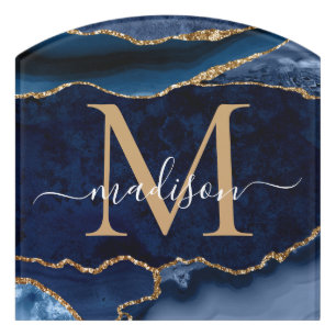 Glam Navy Blue Gold Agate Geode Feminine Monogram Door Sign