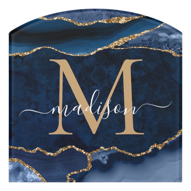 Glam Navy Blue Gold Agate Geode Feminine Monogram Door Sign (Contour Front)