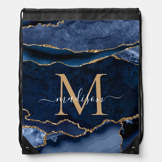 Glam Navy Blue Gold Agate Geode Feminine Monogram Drawstring Bag (Front)