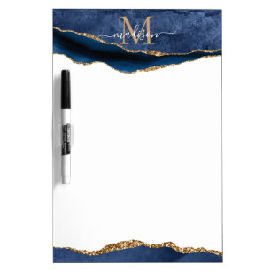 Glam Navy Blue Gold Agate Geode Feminine Monogram Dry Erase Board