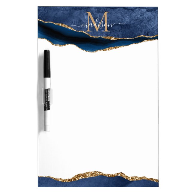 Glam Navy Blue Gold Agate Geode Feminine Monogram Dry Erase Board (Front)