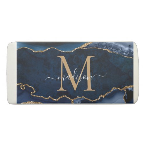 Glam Navy Blue Gold Agate Geode Feminine Monogram Eraser