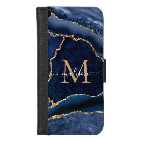 Glam Navy Blue Gold Agate Geode Feminine Monogram iPhone 87 Wallet Case