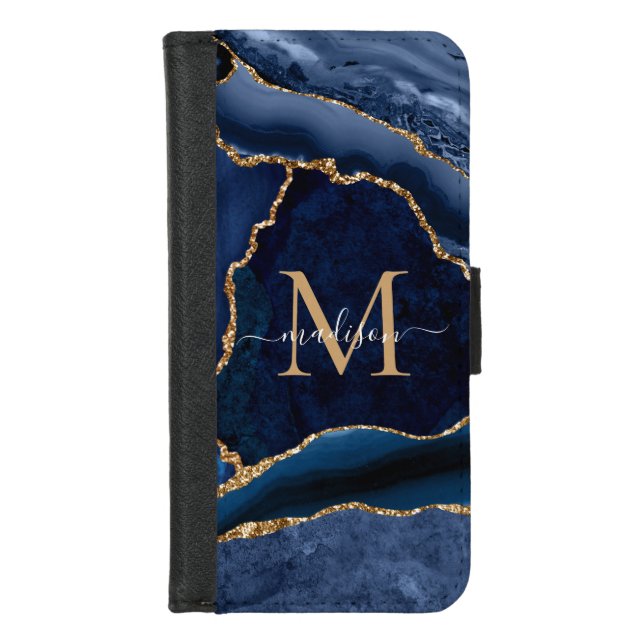 Glam Navy Blue Gold Agate Geode Feminine Monogram iPhone Wallet Case (Front)