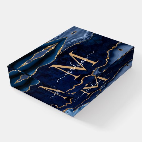 Glam Navy Blue Gold Agate Geode Feminine Monogram Paperweight