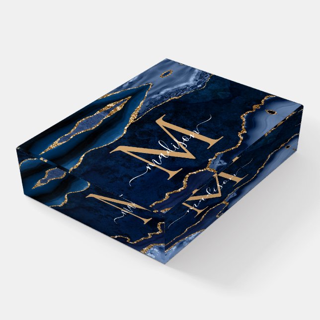 Glam Navy Blue Gold Agate Geode Feminine Monogram Paperweight (Angled)