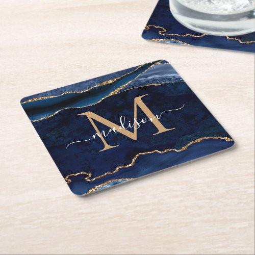 Glam Navy Blue Gold Agate Geode Glitter Monogram Square Paper Coaster