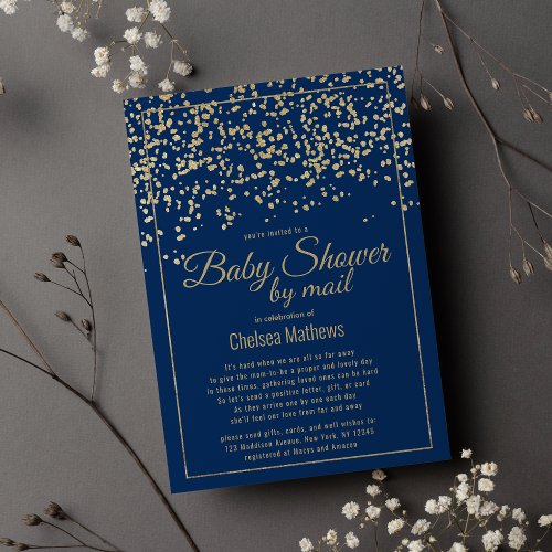 Glam navy blue gold confetti Baby Shower by Mail Invitation