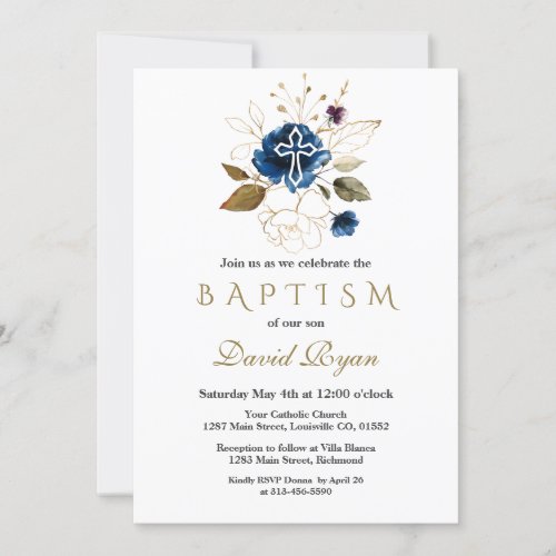 Glam Navy Blue Gold Floral White Cross Boy Baptism Invitation