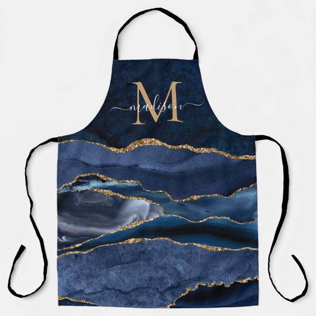 Glam Navy Blue Gold Glitter Agate Geode Monogram Apron (Front)