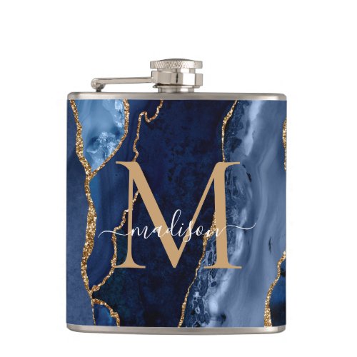 Glam Navy Blue Gold Glitter Agate Geode Monogram Flask