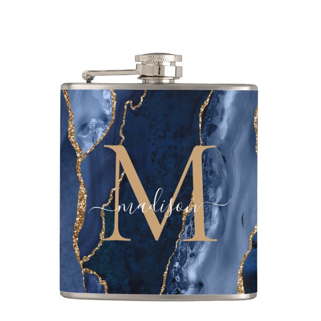 Glam Navy Blue Gold Glitter Agate Geode Monogram Flask (Front)