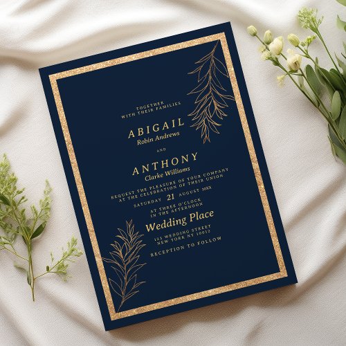 Glam navy blue gold glitter leaf floral Wedding Invitation