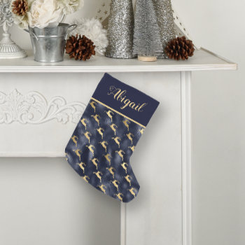 Glam Navy Blue Gold Reindeer Pattern Personalized Small Christmas Stocking by ovenbirddesigns at Zazzle