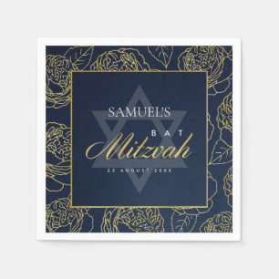 GLAM NAVY BLUE GOLD ROSE FLORAL BAR BAT MITZVAH NAPKINS
