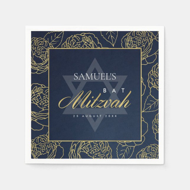 GLAM NAVY BLUE GOLD ROSE FLORAL BAR BAT MITZVAH NAPKINS (Front)