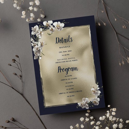 Glam navy blue gold white orchid Details Program