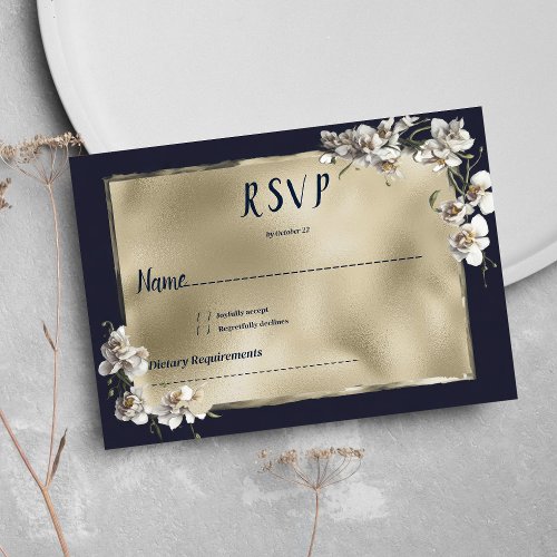 Glam navy blue gold white orchid flower RSVP Invitation