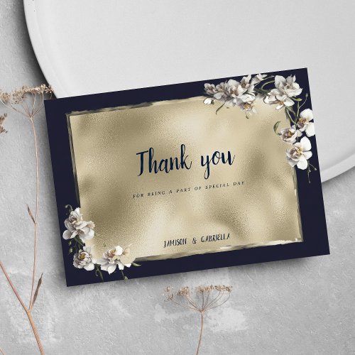 Glam navy blue gold white orchid flower Thank You Invitation