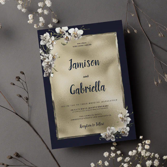 Glam navy blue gold white orchid flower Wedding Invitation | Zazzle