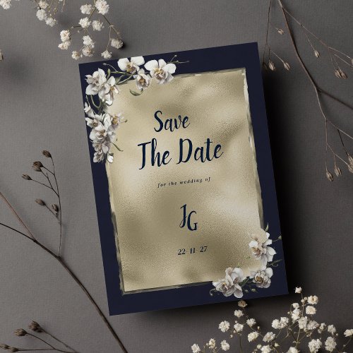 Glam navy blue gold white orchid Save The Date Invitation