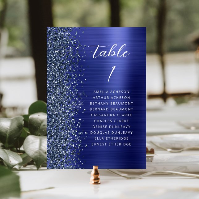 Glam Navy Blue Metallic Glitter Script Wedding Table Number (Creator Uploaded)