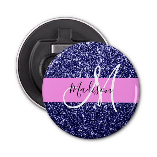 Glam Navy Blue Pink Glitter Sparkles Name Monogram Bottle Opener