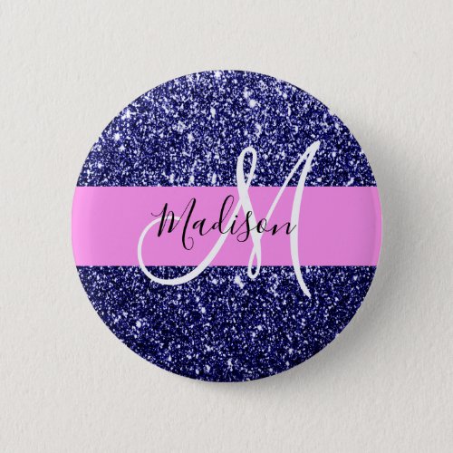 Glam Navy Blue Pink Glitter Sparkles Name Monogram Button