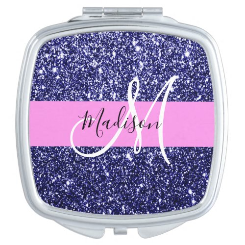 Glam Navy Blue Pink Glitter Sparkles Name Monogram Compact Mirror